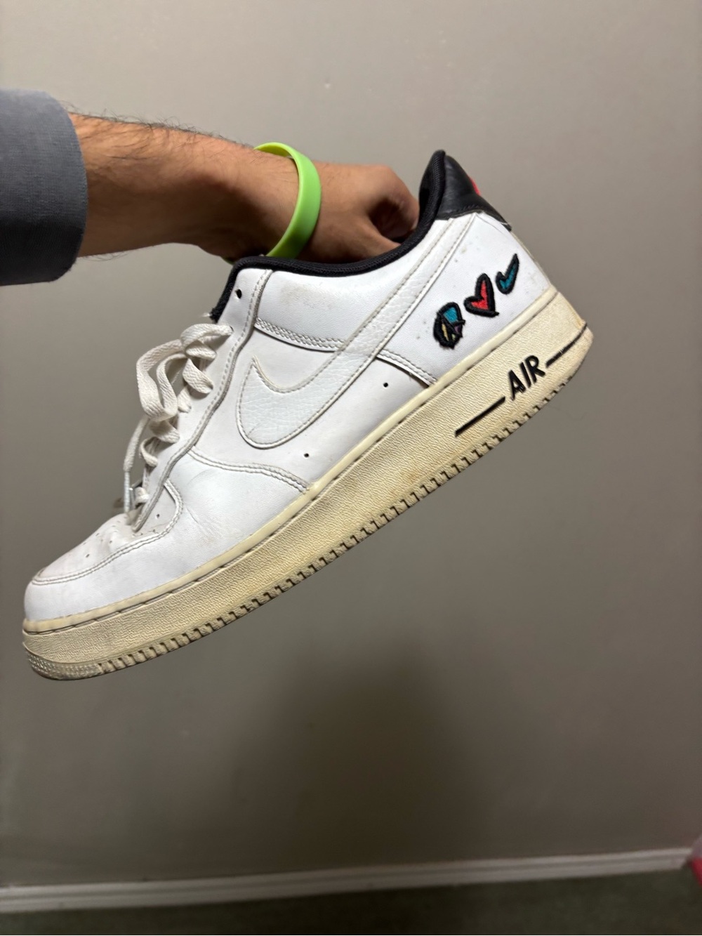 Nike White Low-Top Sneakers with Black Collar and Multicolor Hearts